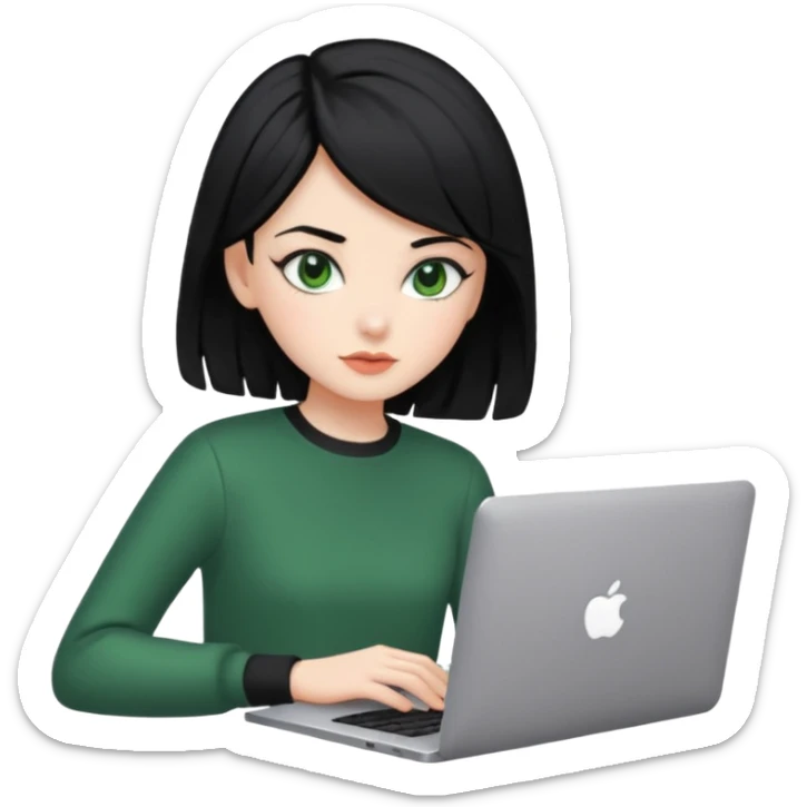 PON UNA NIÑA EN UNA LAPTOP PELINEGRA Y OJI VERDE CON LA ROPA COQUETT Y EL PELO AESTHETIC sticker