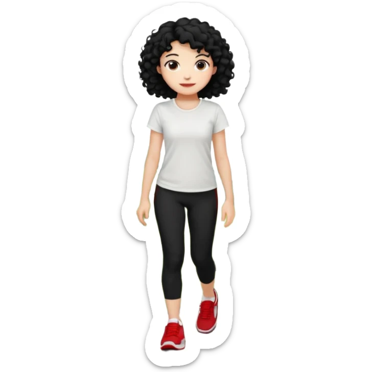 generate a pretty bratz fair skinned girl with curly black hair wearing a white tshirt trekking on a hill with red sneakers on and black leggings. Show HILLS around her sticker