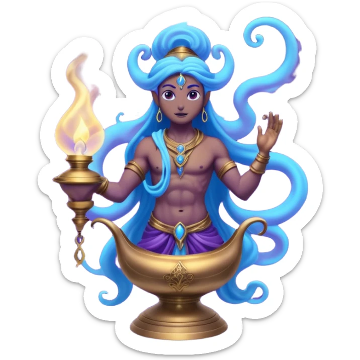 mystical fantasy illustration of a powerful jinn emerging from an ancient golden lamp. Glowing blue and purple smoke spirals upward in a smooth circular motion, creating the illusion of a looping animation.  sticker