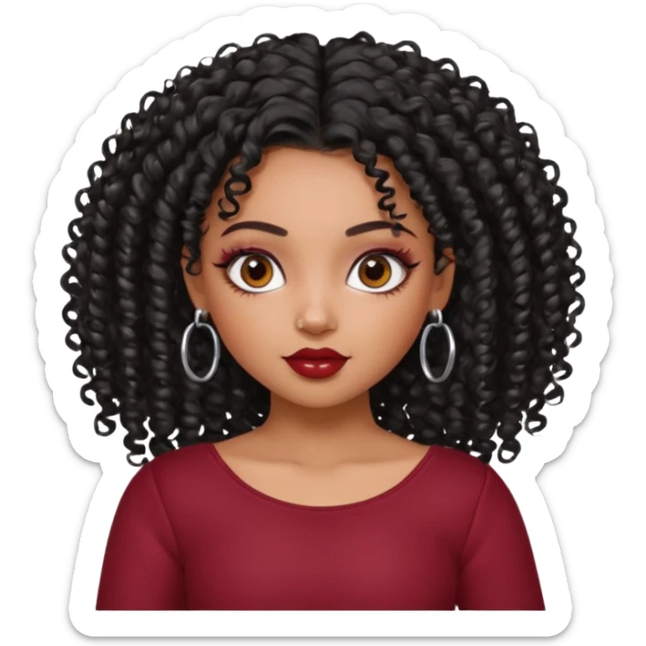 a pretty bratz dusky girl with curly black hair, kajal under eyes, small silver hoop. dark red full sleeve sticker