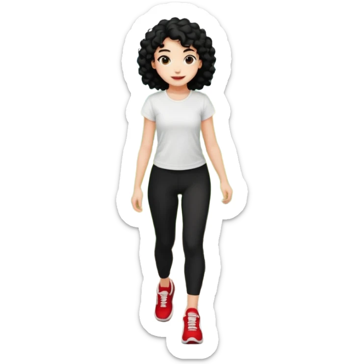 generate a pretty bratz fair skinned girl with curly black hair wearing a white tshirt trekking on a hill road with red sneakers on and black leggings.  Put a hill behind her sticker