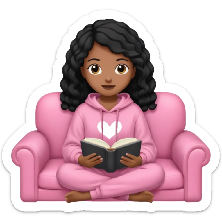 Una chica linda de cabello negro con ondas hasta los hombros de piel blanca con una sudadera rosa en un sofá cómodo y hermoso leyendo la biblia sticker