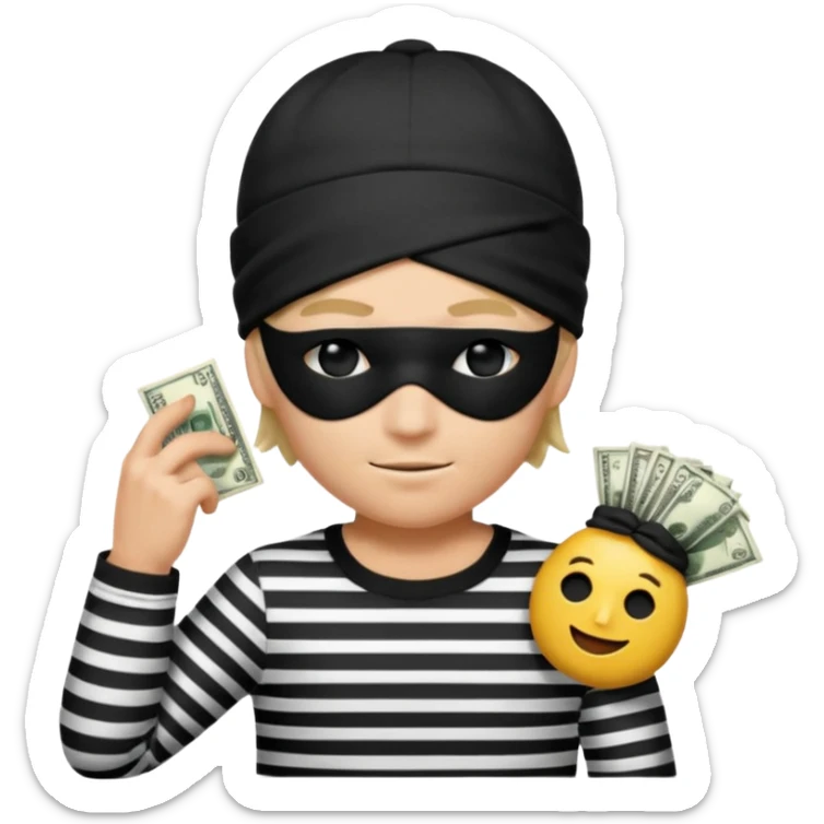 a short ios emoji-style portrait of a classic burglar, a black eye mask (looks like a blindfold) and a black-and-white striped shirt. emoji-like hair, black hat, ONE bag of money 💰 with a dollar sign in a right corner sticker