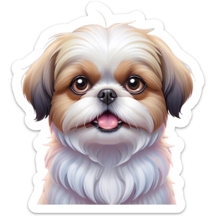 Cinematic Comical Shih Tzu Portrait Emoji, Head cocked with a hilariously exaggerated, shocked expression and twinkling, comically wide eyes, showcasing a fluffy, luxurious fur in soft pastel tones, simplified yet whimsically detailed, glowing with a playful, sassy radiance, high shine, exuding a humorous and cheeky charm, styled with a soft glowing outline, capturing the essence of a Shih Tzu that looks as if it could burst into a fit of playful antics at any moment! sticker