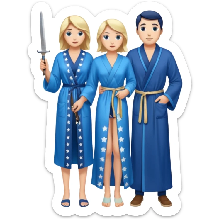 An upright Europe (a tall woman), wearing a blue, flowing robe with stars on the hem. In the background stands a man, with a knife
He has to stand behind her. the top of the knife to her back sticker