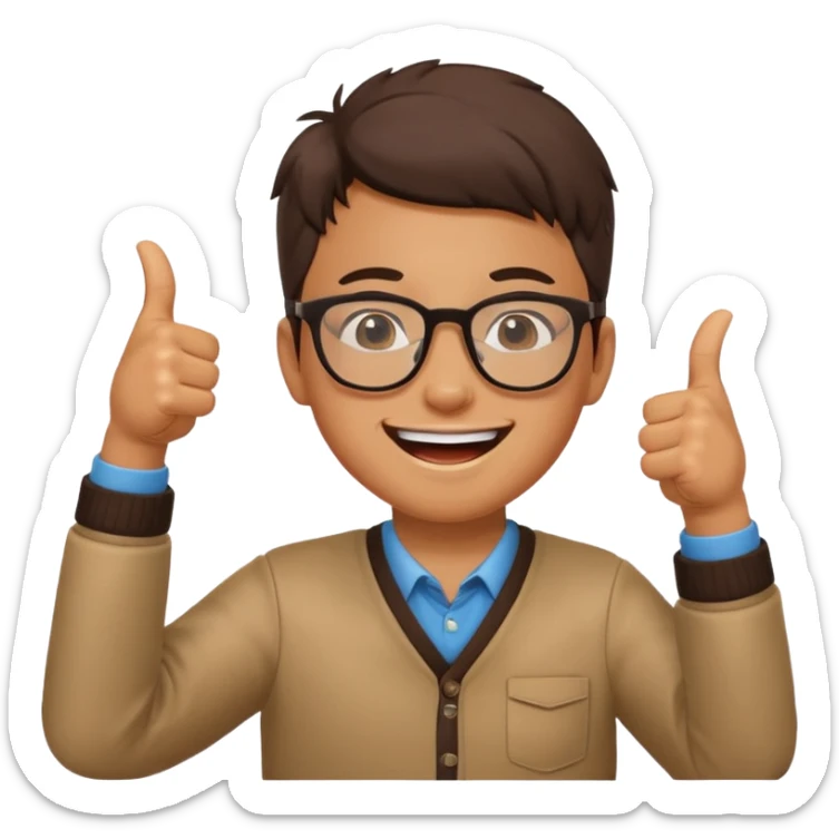 un estudiante que este parado con sus lentes guiñando el ojo y CON LAS MANOS HACIA ARRIBA DANDO LIKE sticker