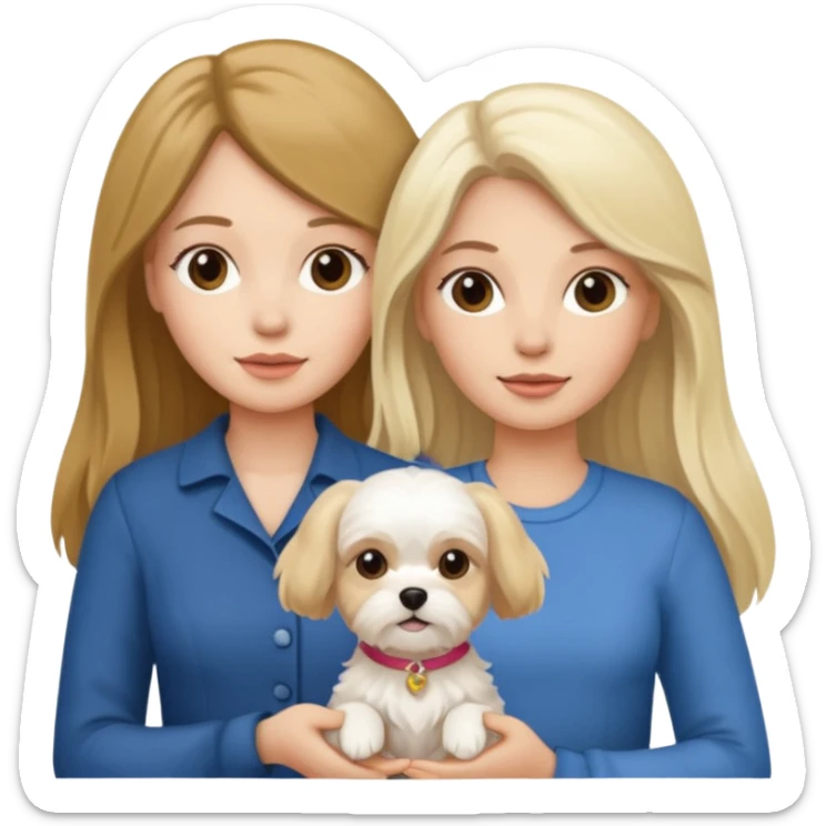 two women are holding only one Maltese dog. one woman is brunette the other woman is blonde long haired  sticker