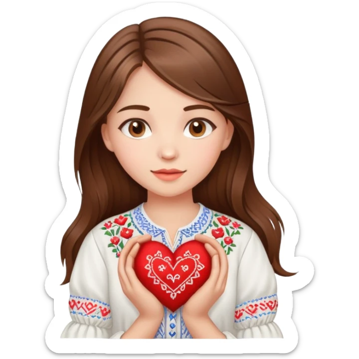 Beautiful young girl with brown hair in a white Ukrainian embroidered shirt holding a large embroidered heart sticker