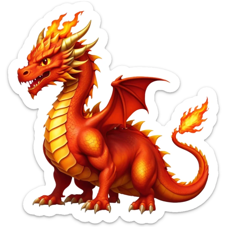 cinematic-noble-fierce-fire-dragon-full body-emoji,-poised-and-imposing,-with-a-muscular,-scaled-body-ablaze-in-fiery-hues-of-crimson,-molten-orange,-and-molten-gold,-and-intense,-burning-eyes-that-mirror-the-heart-of-a-volcano;-rendered in detail, displaying hi sticker