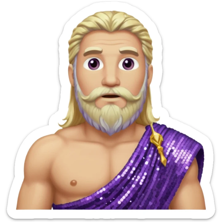 Zeus from Olympus Gods with long blonde hair and beard, purple sequin loincloth sticker
