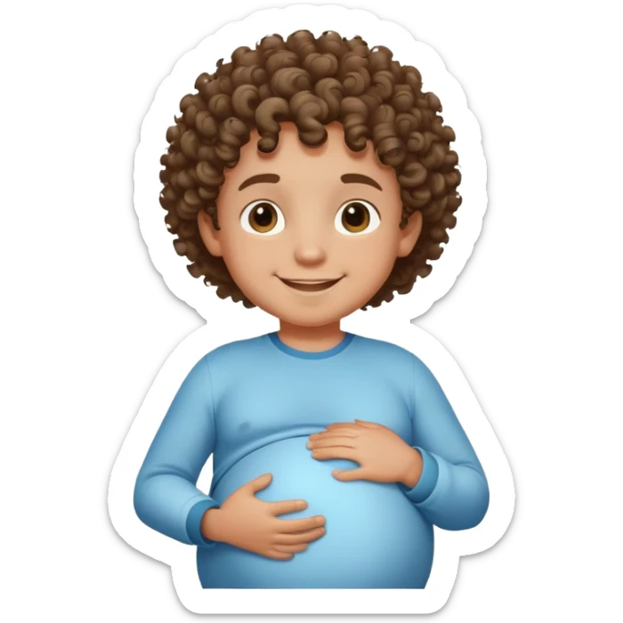 smiling boy with curly hair, and light dark skin  with a pregnant belly sticker