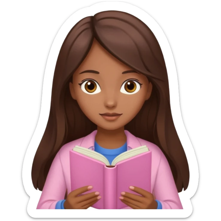 Beautiful brown skinned brunette girl with long brown silky hair with brown eyes reading a pastel pink book  sticker