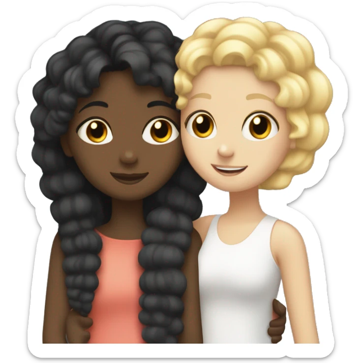 Black girl with straight black hair hugging a white girl with curly blonde hair sticker