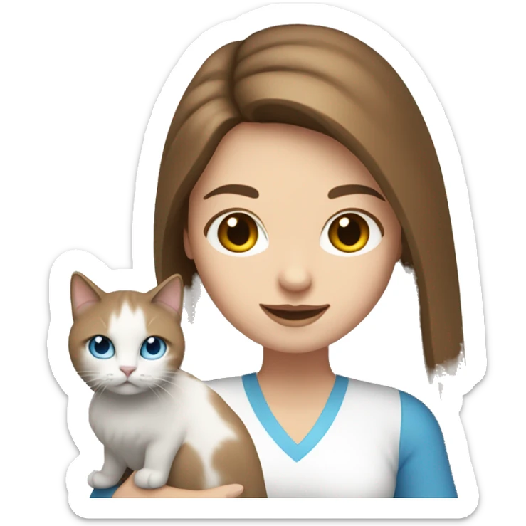 woman with long brown hair and holding a all white British long hair cat with blue eyes sticker