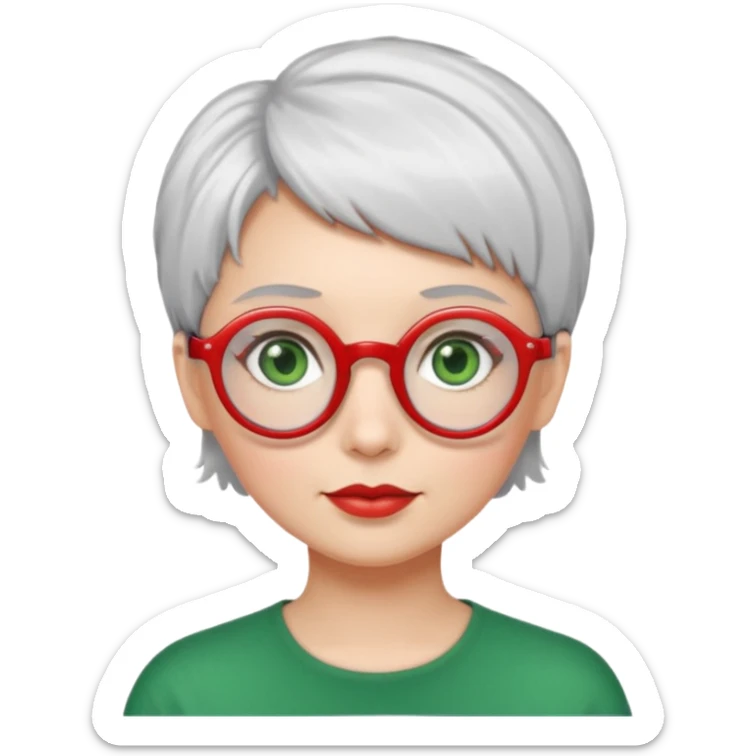 visage femme a lunettes ronde rouge avec cheveux courts gris-blancs aux yeux verts sticker