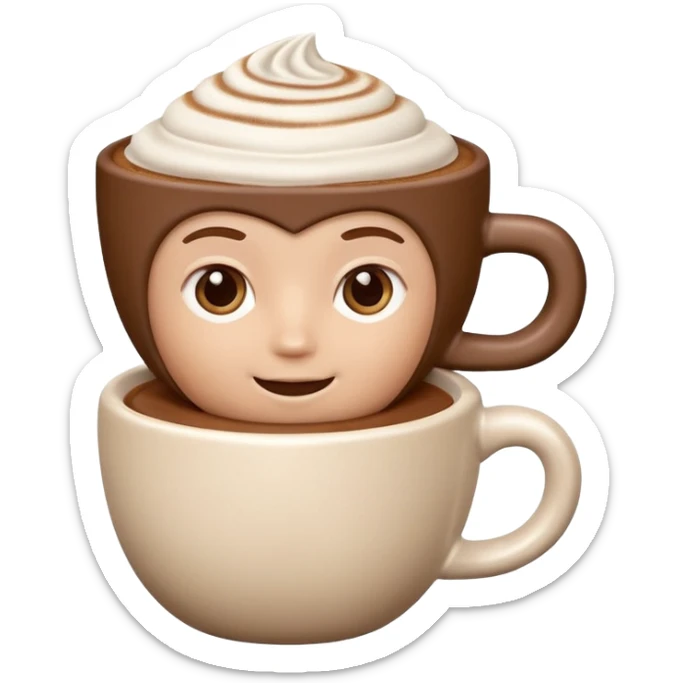 A 3D cartoon cappuccino cup with thick milk foam and light cocoa dust, no saucer, smooth ceramic texture, warm soft lighting, Memoji-style. sticker