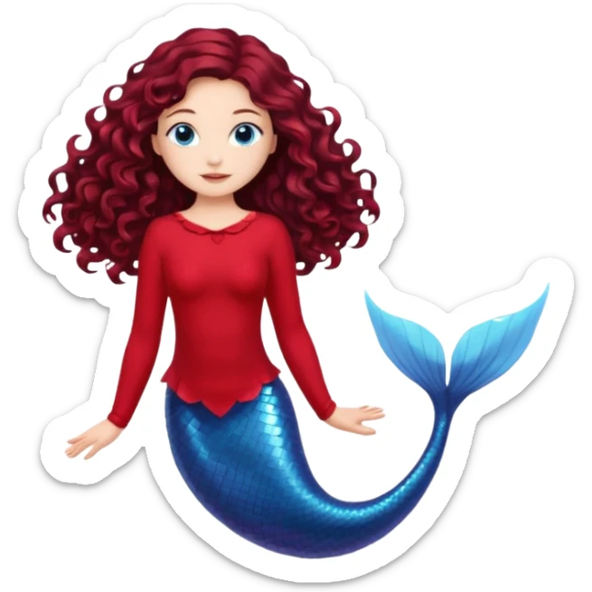 A thin mermaid with long curly dark brown hair with fair skin and blue eyes, red clothes and a red fin in an elegant pose sticker