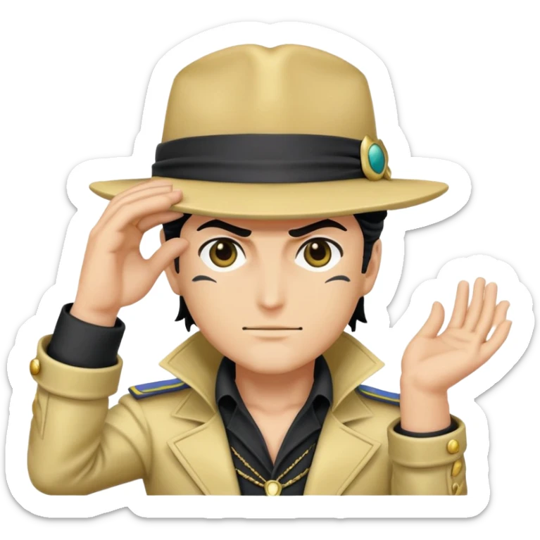An emoji of jotaro Kujo from JoJo's Bizzare Adventures part 3 with his hand holding the tip of his hat downwards covering both of his eyes sticker