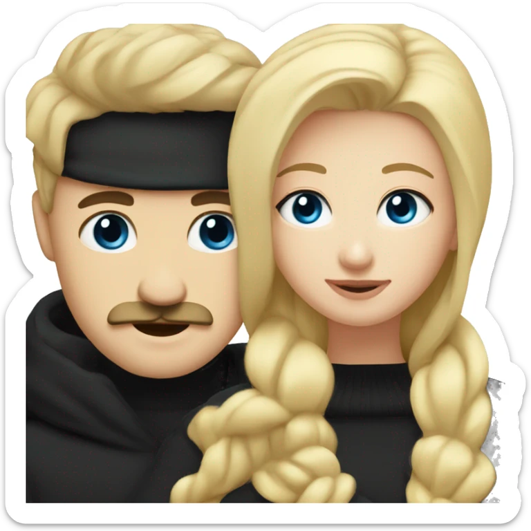 Blonde girl with blue eyes in black sweater and man with black hair and mustache and dark eyes hugging sticker