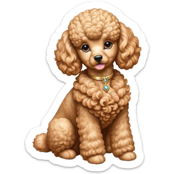 Cinematic Noble Apricot Poodle Portrait Emoji, Poised and regal, with a refined, elegant build and a meticulously groomed, curly apricot Fur, deep-set soulful warm eyes, Simplified yet sharp and sophisticated features, highly detailed, glowing with a soft, dignified glow, high shine, intelligent and graceful, stylized with an air of sophistication, focused and attentive, soft glowing outline, capturing the essence of a watchful and confident companion, so majestic it feels as though it could prance out of the screen with effortless authority! sticker