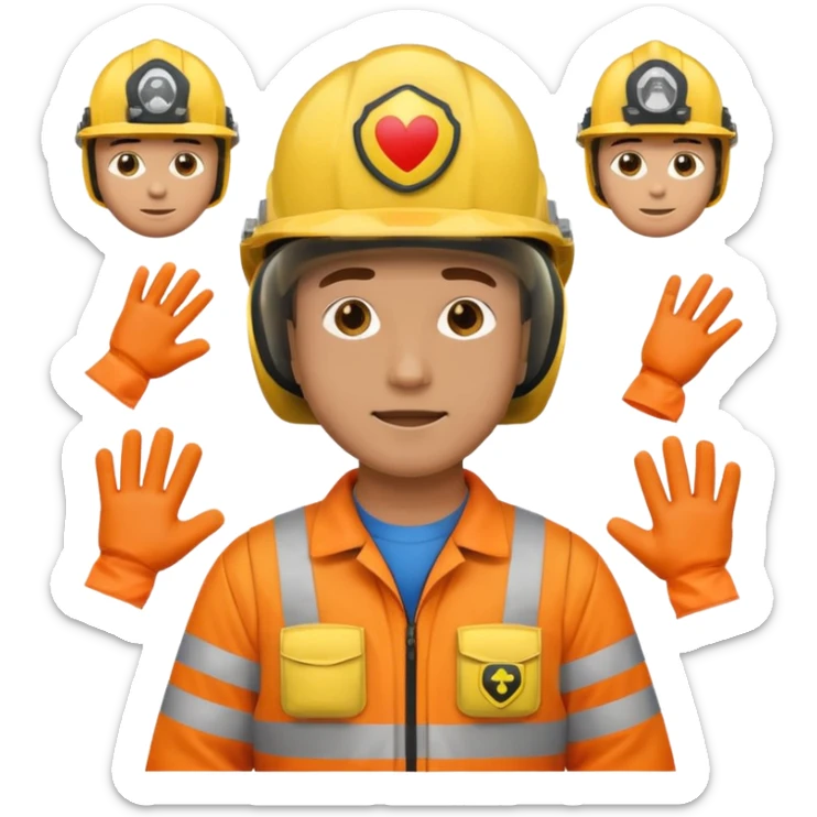 a guy wearing safety outfit with helmet standing , around him safety gears emojis  sticker