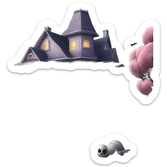 Barbie’s and Batman’s 6 story tall very haunted dream house with complete wrap-around porch, tall thorn bushes,and ghosts,guests, and spider webs everywhere and some broken windows and boards. The grass in the yard is dead.  sticker