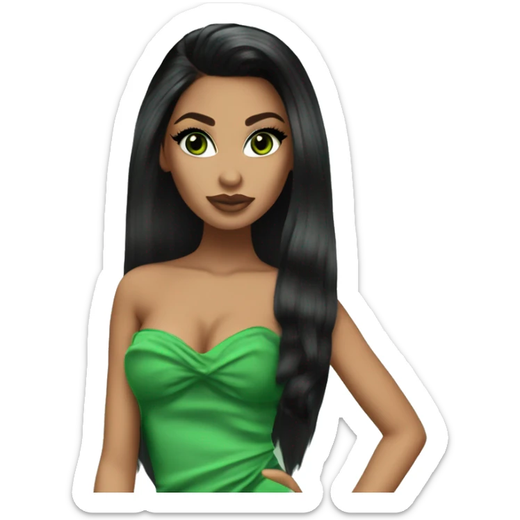 Bratz, club, cocktail dress, black balayage hair, half up half down hair, olive skin, green almond winged eyeliner with big lashes sticker