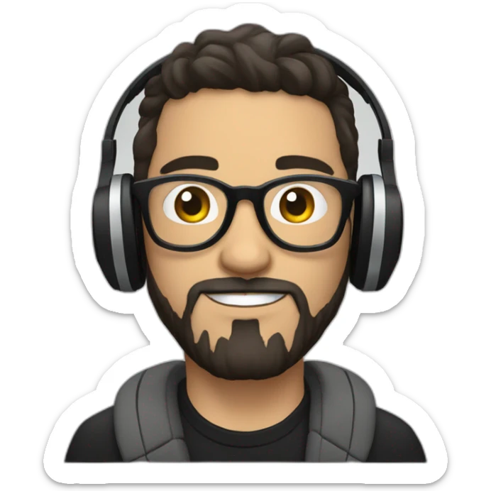 White music producer with dark hair and a short “salt & pepper” beard, and clear round glasses, wearing headphones sticker