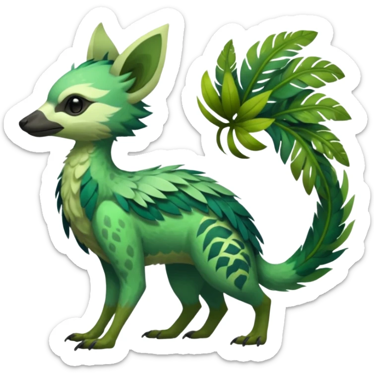  Tropical feathery shamanic cultural Greenish beautiful handsome gorgeous aesthetic colorful vibrant Vernid-Trico-species-Fakemon-creature by LiLaiRa, 4 legs, 1 tail, random markings, (full body) sticker