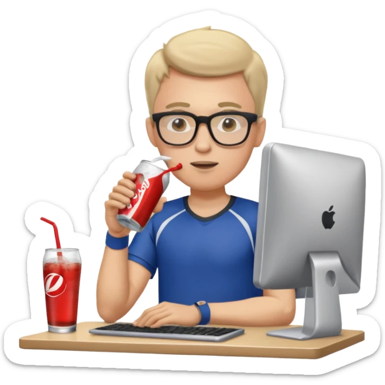 Hombre blanco con gafas tomando un refresco frente a un ordenador con ropa de deorte sticker