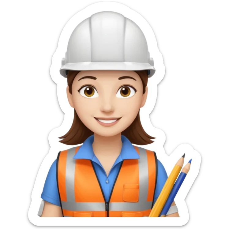 Arquitecta ojos marrones oscuros pestañas pelo marron por los hombros sonrie casco blanco con material de dibujo y chaleco reflecyante sticker