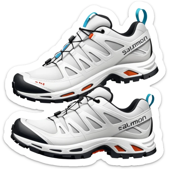 Super simplified pair of white Salomon XT-6 shoes, flat design iOS emoji style, minimal approach with only the most essential details, one positioned behind the other sticker