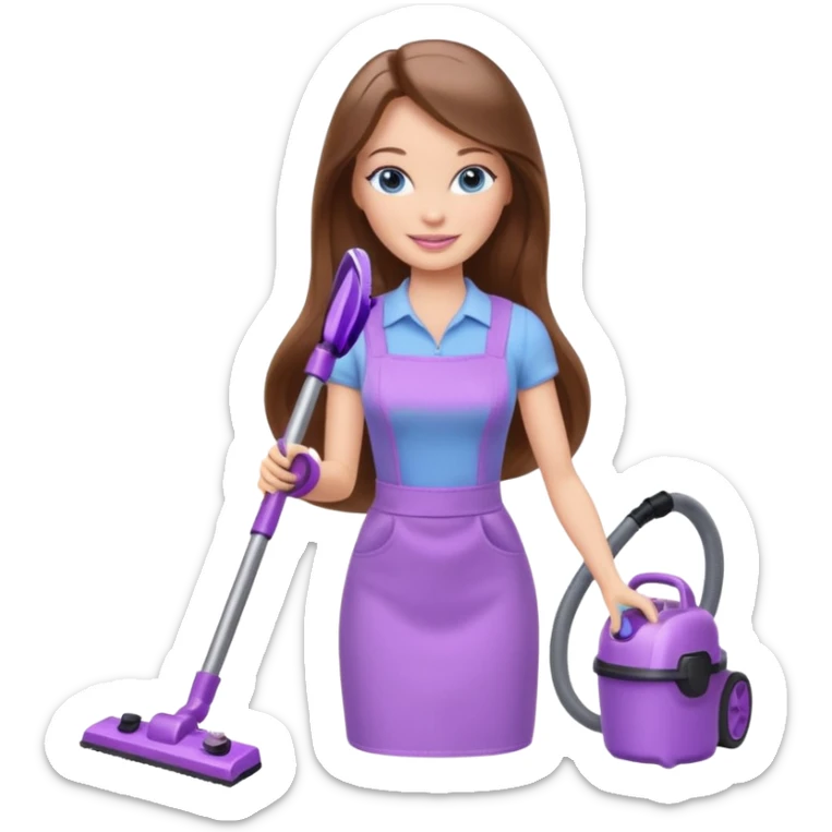 beautiful barbie girl with long brown hair, blue eyes and wearing light purple clothes, cleaning and vacuuming sticker