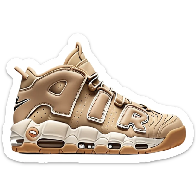 Minimalist beige Nike Air More Uptempo sneakers with one sneaker positioned behind the other, clean simple design with AIR lettering sticker