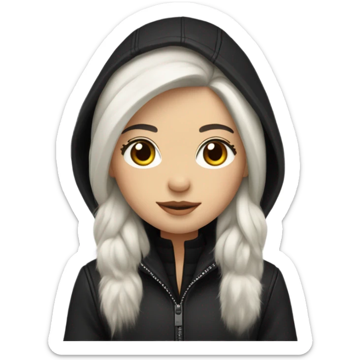 White-skinned hair with hazel eyes and dark long straight hair wearing black jacket a fur hood sticker