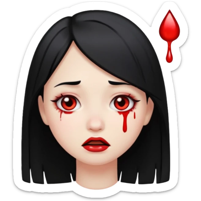 pale girl with black straight hair, tears of blood, emoji style sticker