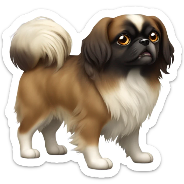 Tibetan Spaniel, dark brown face framed by floppy ears. Brown muzzle.black eyes and dark nose, giving it an alert, curious expression. body mostly white with brown patches and soft, medium-length fur. tail curls upwards, covered in feathery fur sticker