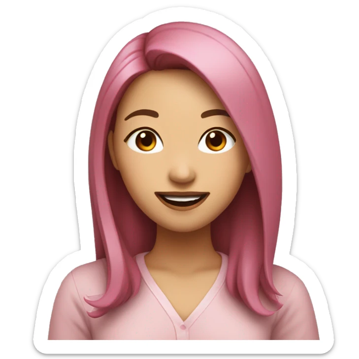 Asian woman with shoulder-length pink and brown hair, smiling with full lips, making a peace sign with her fingers sticker