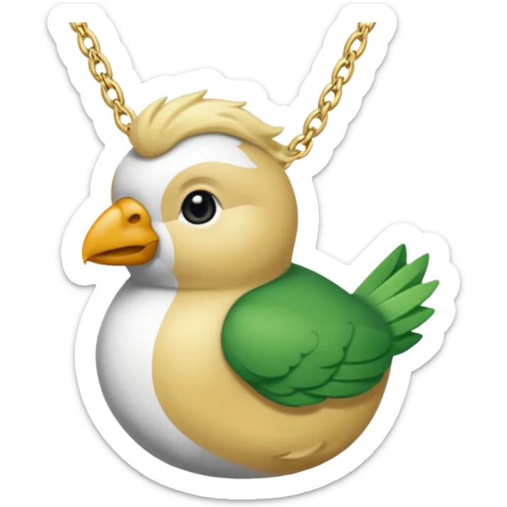 un oiseau classique de profil tout vert et un seul poil blond qui fait une petite bouclette sur le front avec le collier argenté avec des ronds attachés au collier est autour du coup de l’oiseau entre la tête et le corps sticker