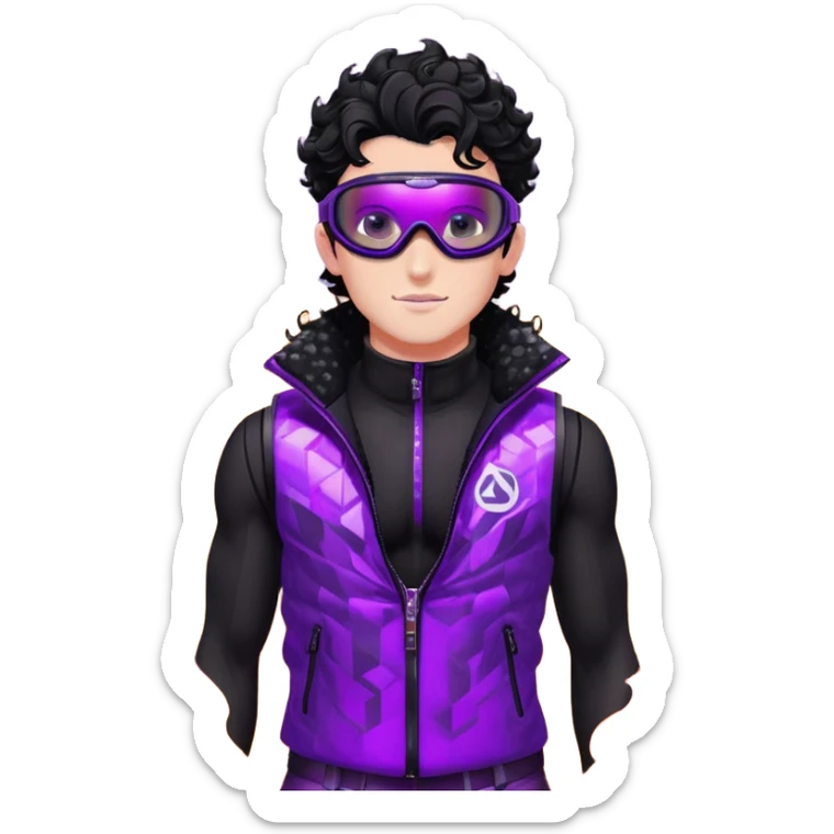 male athlete with white skin and moderately curly black hair on top with shaved sides, wearing ski goggles with purple frames and very dark black lenses, a simple plain black chain necklace, and a completely unzipped shiny vest with purple and black sequin fire pattern design, fully revealing his chest and abs, no earrings sticker