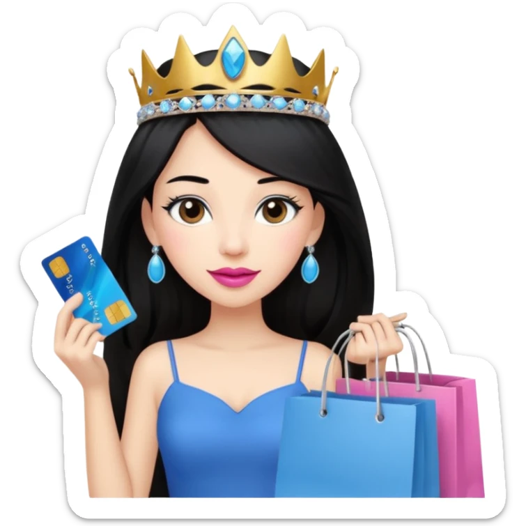 Girl with long black hair and tiara pink lipstick, brown eyes holding shopping bags and blue credit card sticker