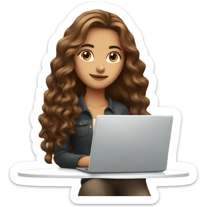 beautiful girl with long brown hair, wavy hair, with laptop sticker