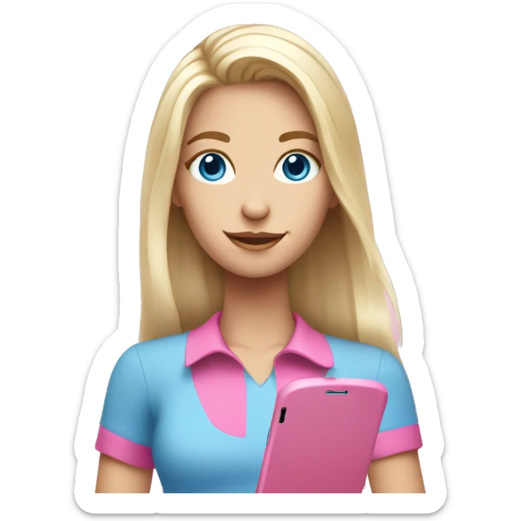 a white blond hair girl with blue eyes wearing a pink shirt holding a pink cell phone sticker
