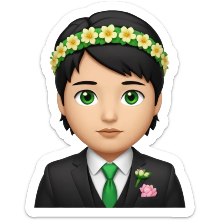 black haired green eyes very plump lips and floral headband that makes his hair look behind nicole peltz at wedding sticker