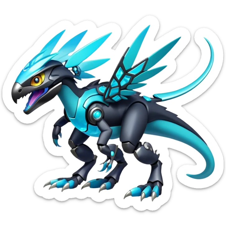 Shiny Futuristic Celestial Fakemon-Pokemon-Digimon-Spectrobes-Raptor-fusion, full body, four legs, black body, cyan accents, scales sticker