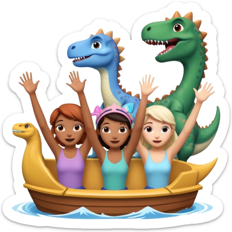 4 chicas montadas en una atraccion de levantando la mano con orejas de dines puestas en una atracción, la barca esta diseñada con dibujos de frozen sticker