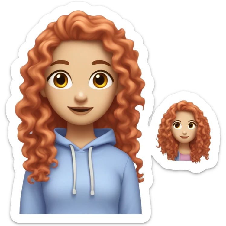 a white girl with long red curly hair, wearing a pastel periwinkle hoodie doing a pose sticker