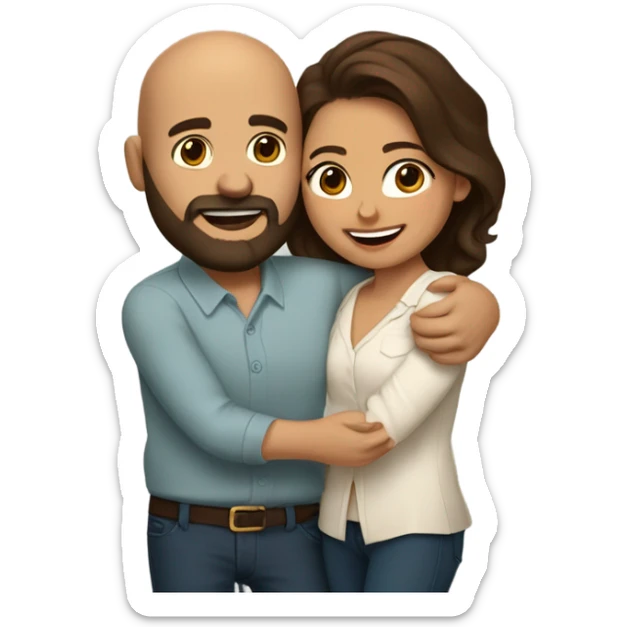 Brown-haired Puerto Rican woman with dark brown eyes wearing a cute blouse giving a comforting hug to a short, bald man with brown eyes, laugh lines, and a beard sticker