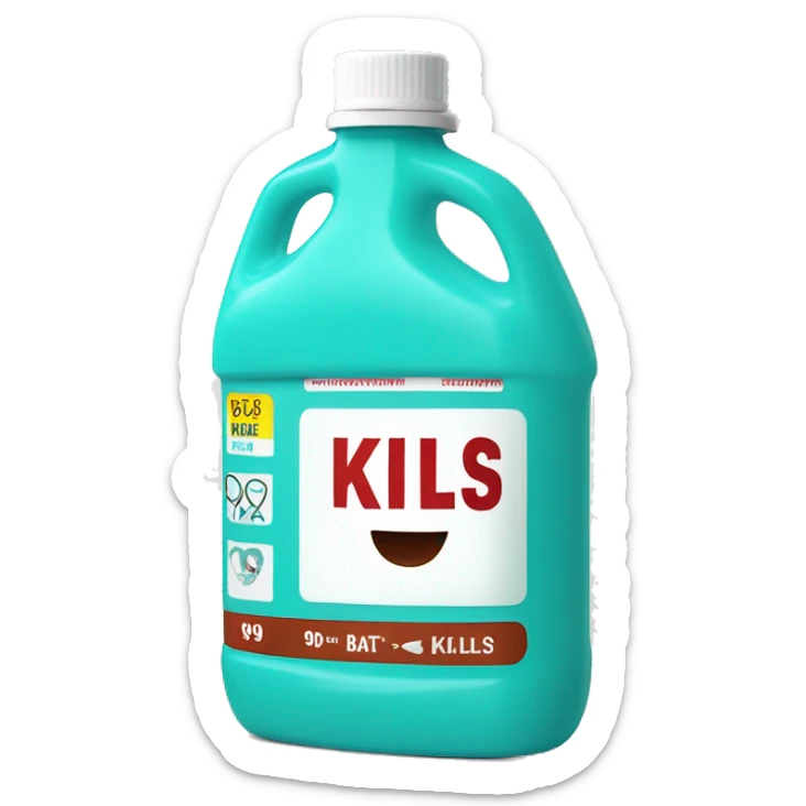 Turquoise Mouthwash bottle with white stickers and brown tap , the white stickers have red letters that say kills 99% of batería  sticker