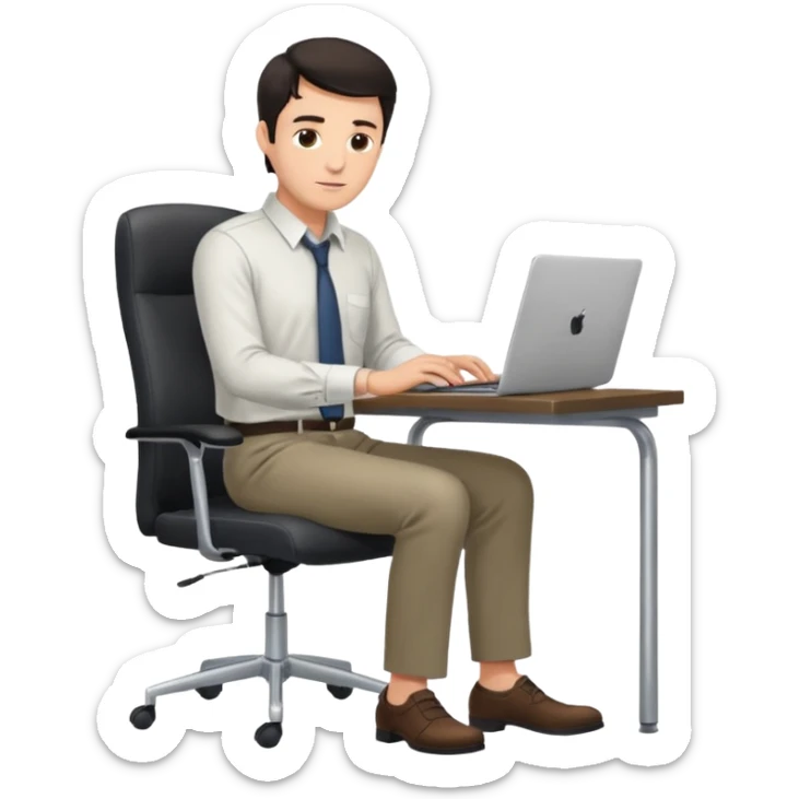 Rich man sitting on a office chair, working at desk, looking to laptop in shirt, dark hair, he is german very beautiful looks like, full body view sticker